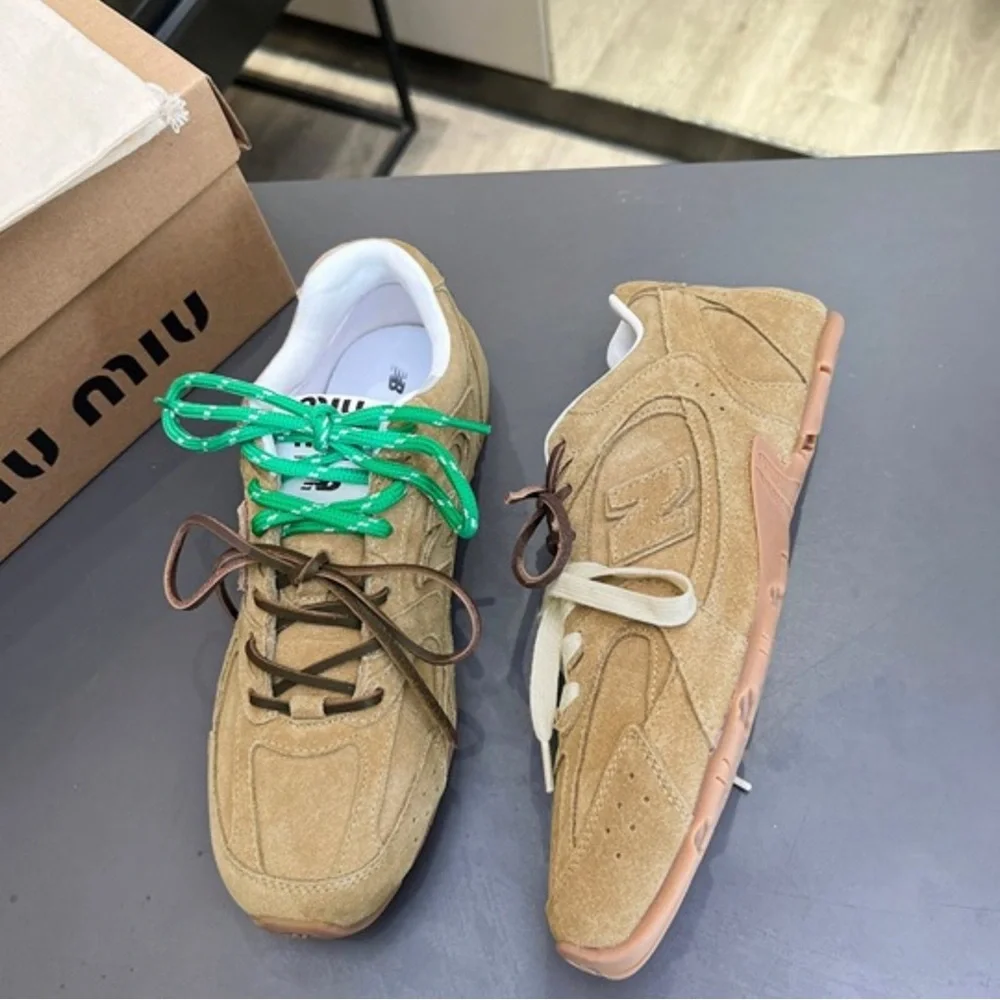Miu Miu Tan Sneakers with Green and White Laces